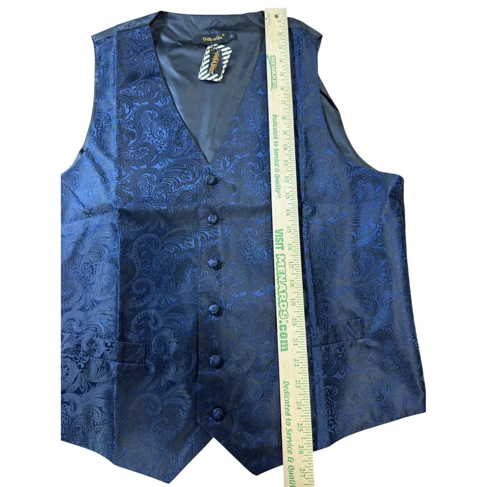 DiBanGu Paisley‎ Vest Set Mens L Blue Silk 6PC Tie Bowtie Pocket Square Formal